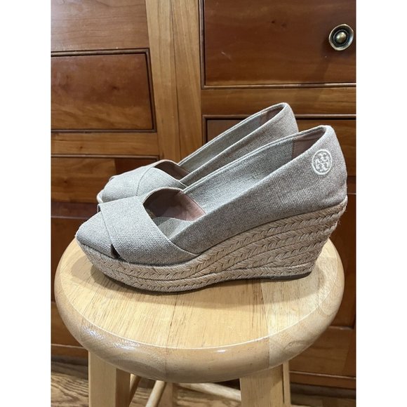 Tory Burch Metallic Silver Shimmer Canvas Espadrille Wedge Sz 9 - Picture 1 of 9